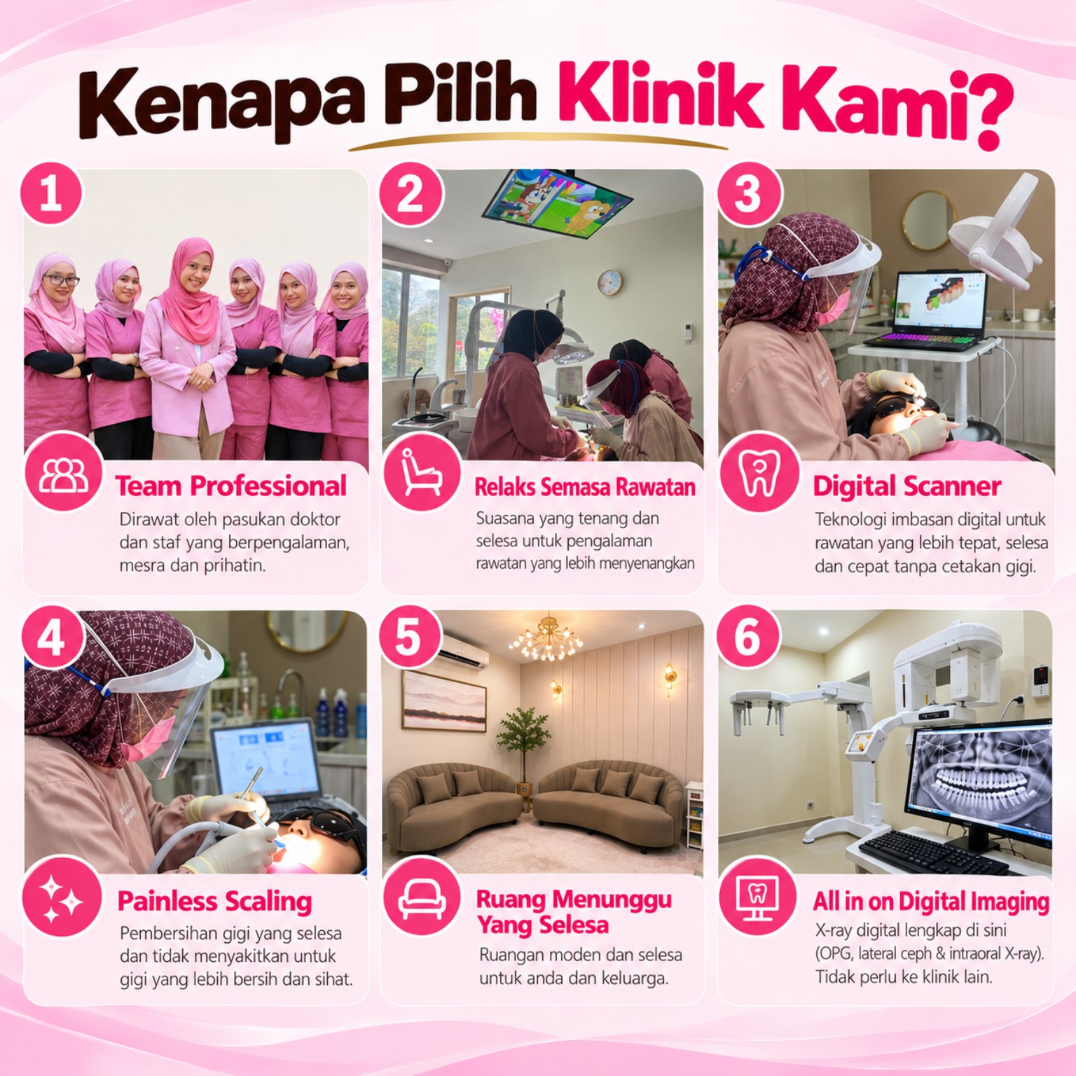 Kenapa pilih MiCasa Dental: pasukan profesional, ruang rawatan dan menunggu yang selesa, digital scanner, scaling dan pengimejan digital.