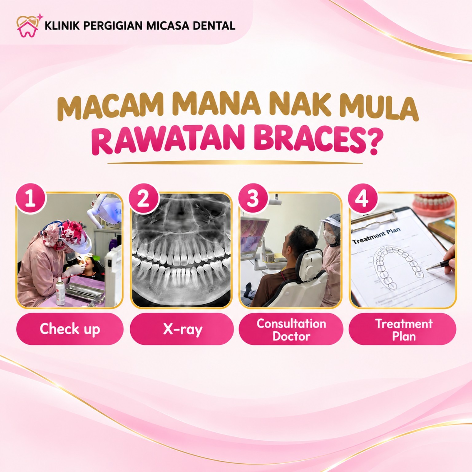Langkah memulakan rawatan braces di MiCasa Dental: pemeriksaan, X-ray, konsultasi doktor dan pelan rawatan.