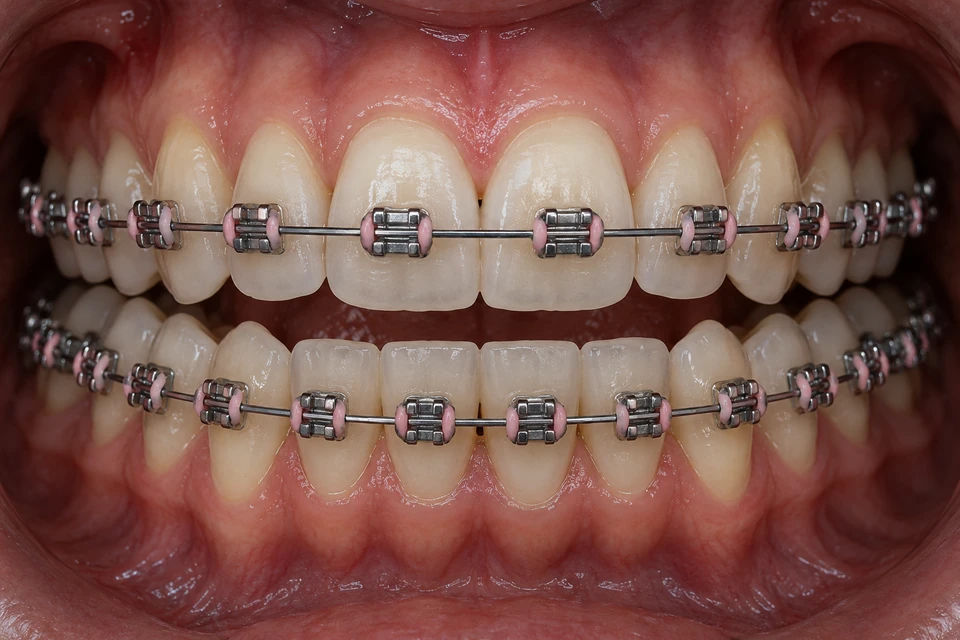 Ilustrasi intraoral: Braket konvensional dengan getah pengikat