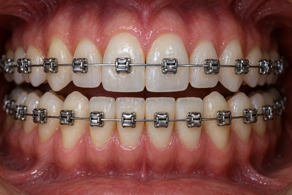 Ilustrasi intraoral: Braket self-ligating dengan klip terbina